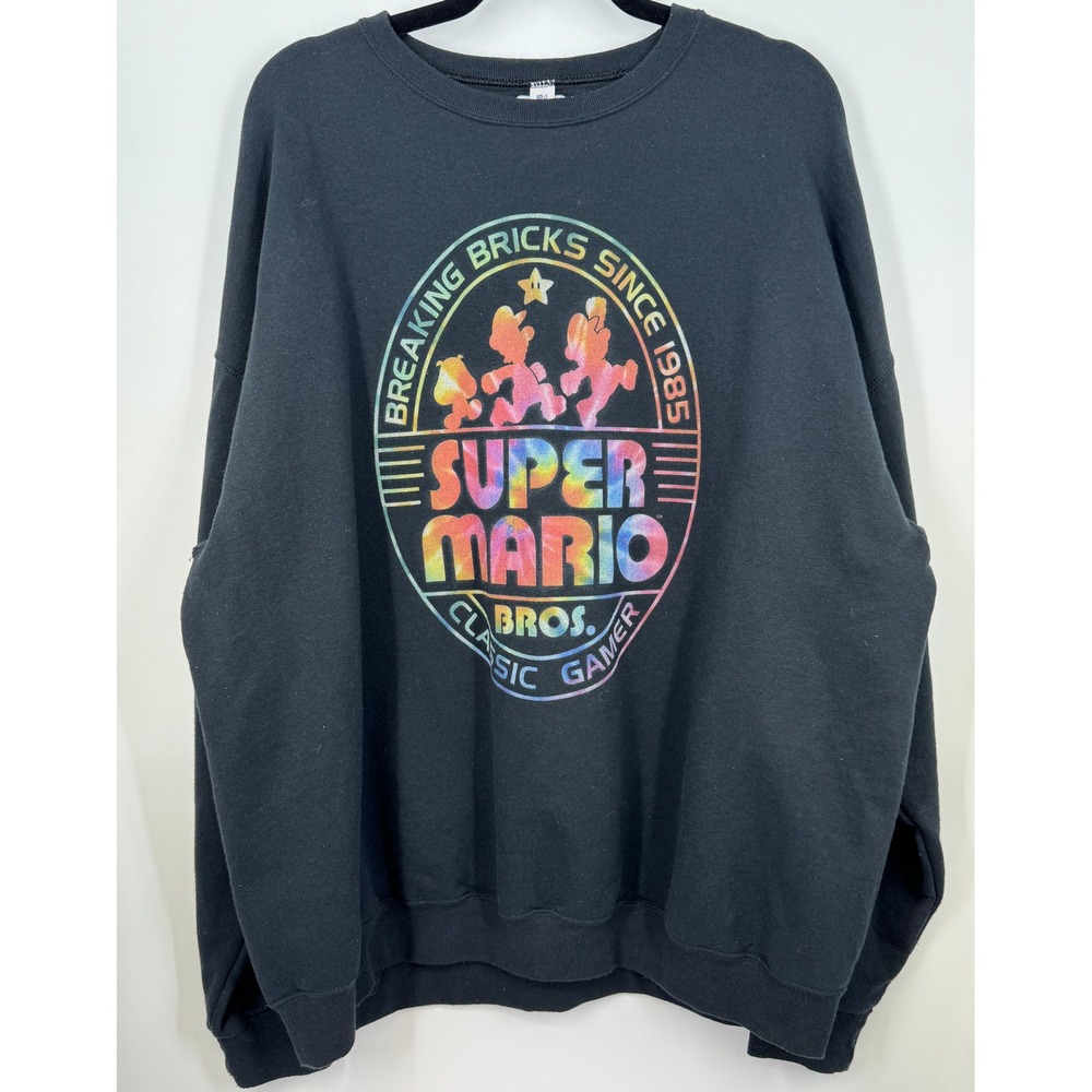 Retro Gamer Super Mario Bros Graphic‎ Crewneck Sweatshirt Black Rainbow Logo 2XL